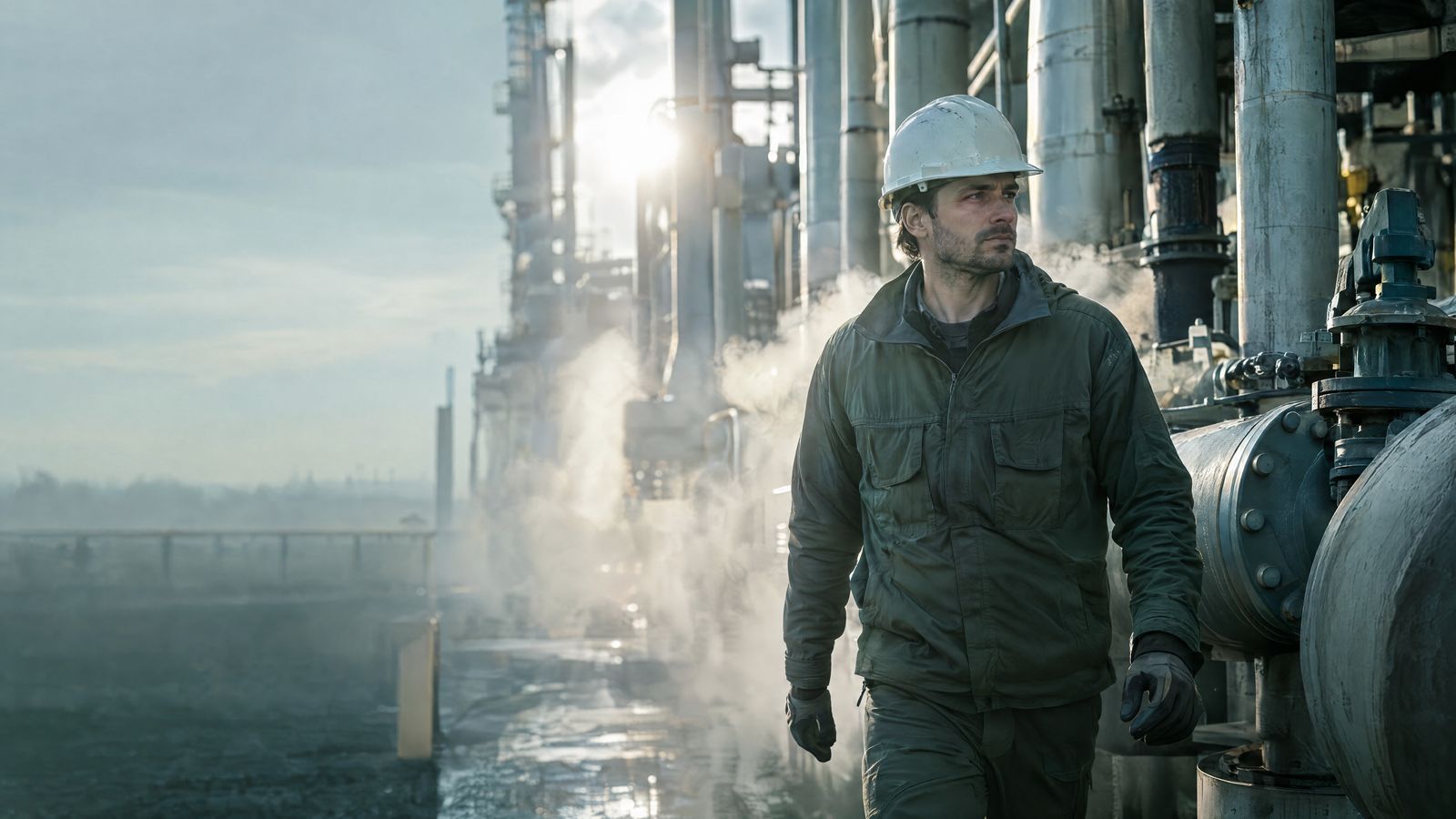 Power-plant technician walking through steam between pipes