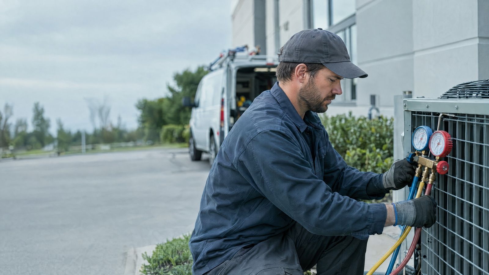 HVAC technician connecting gauges to an outdoor condenser