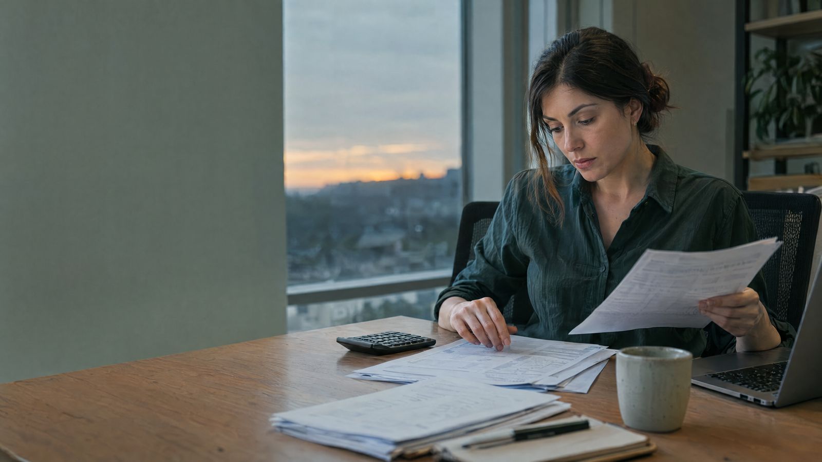 Controller reviewing invoices beside a laptop at month-end