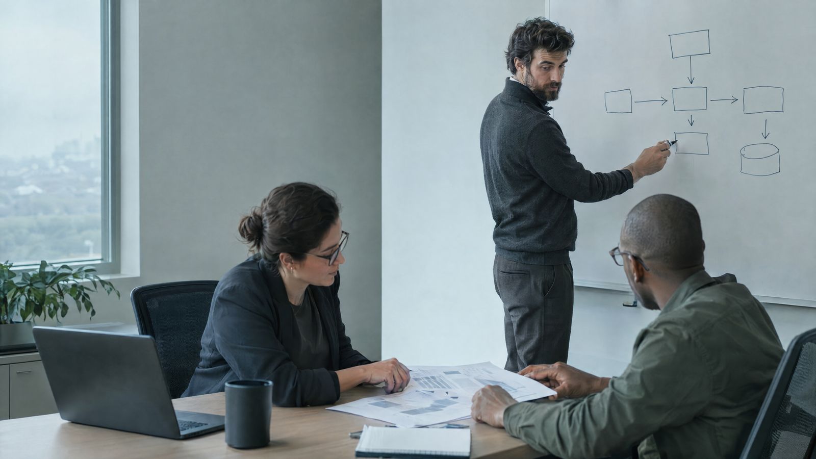 Administrator and architect writing down system design decisions