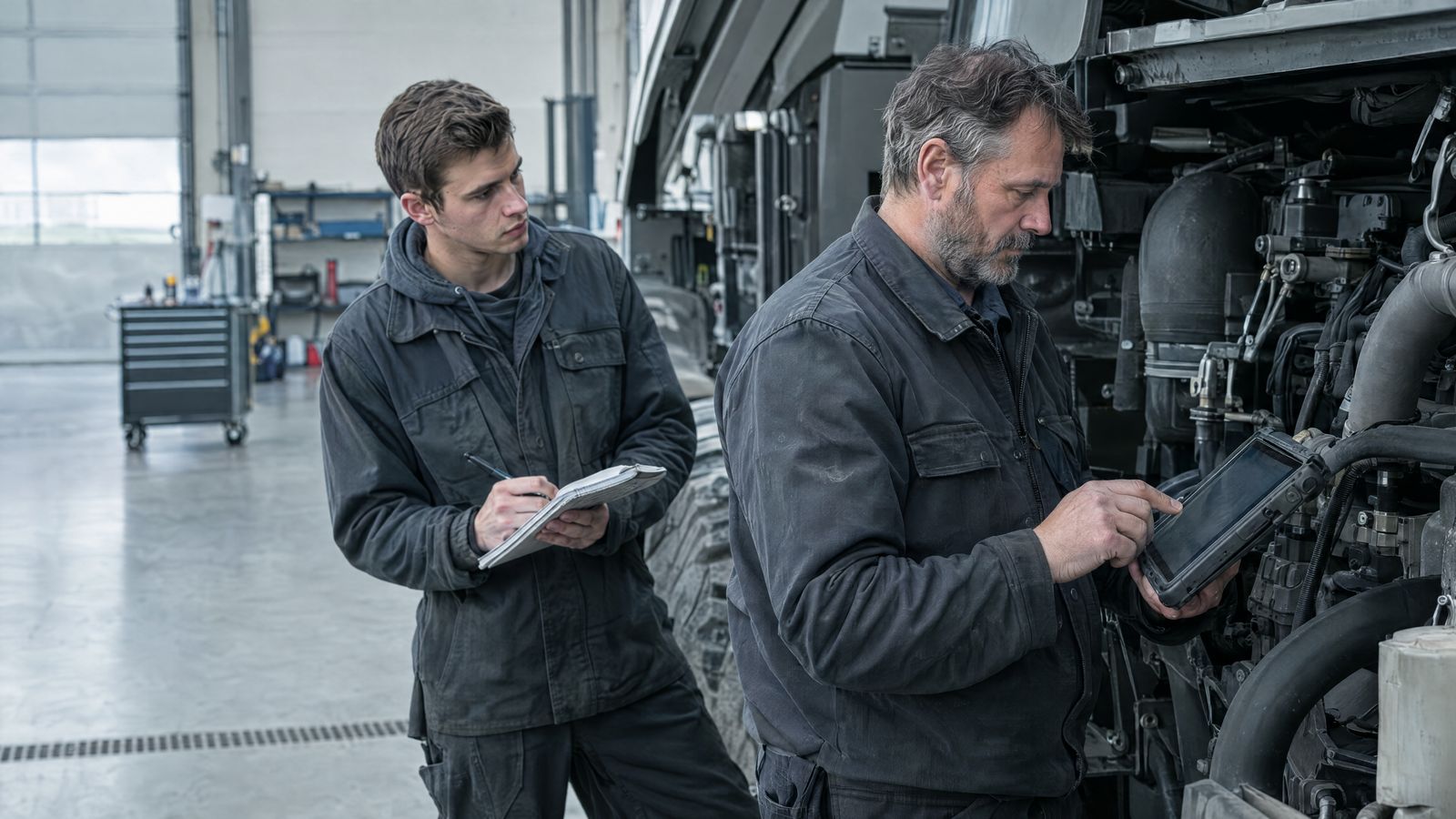 Senior diesel technician recording a repair for the next technician