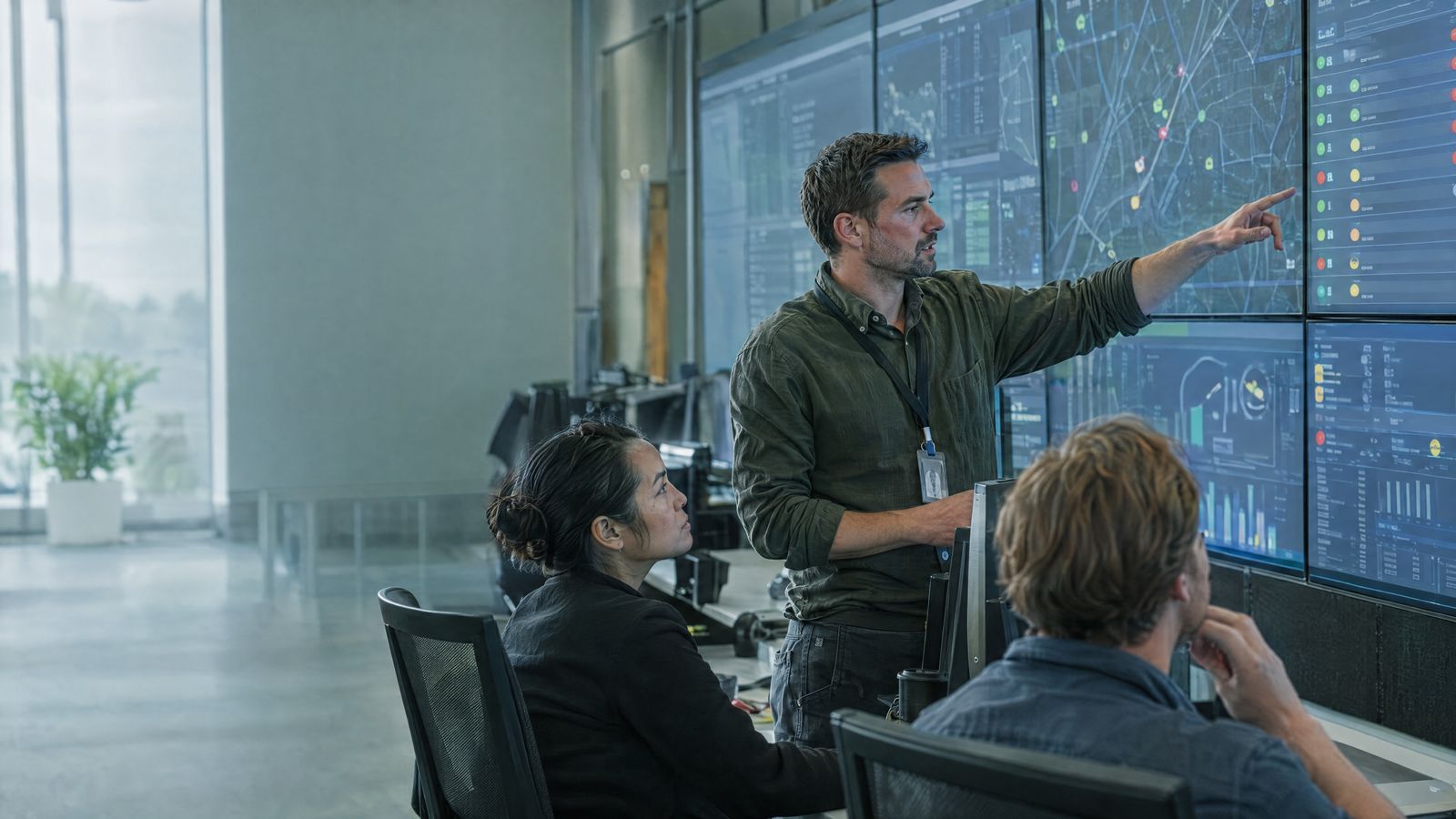 Operations team reviewing work orders on large screens