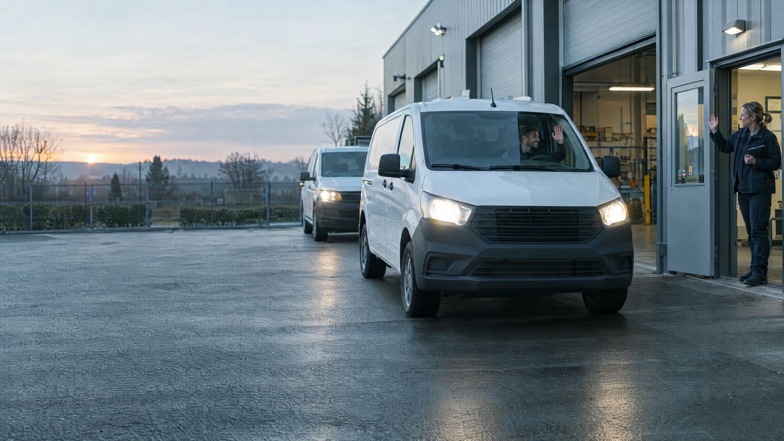 Service vans leaving a company depot at dawn